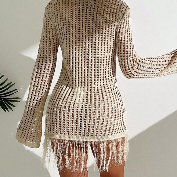 White Casual Women's Apricot Colored Knit Hollow Out Long Sleeve Cardigan Dress - Picture 2 of 4